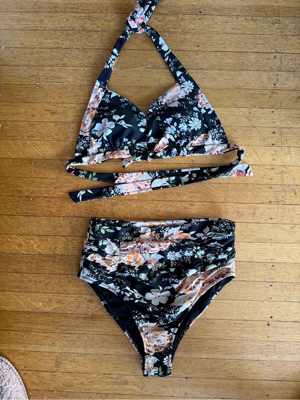 Cupshe Black Floral Halter High-Waist Bikini